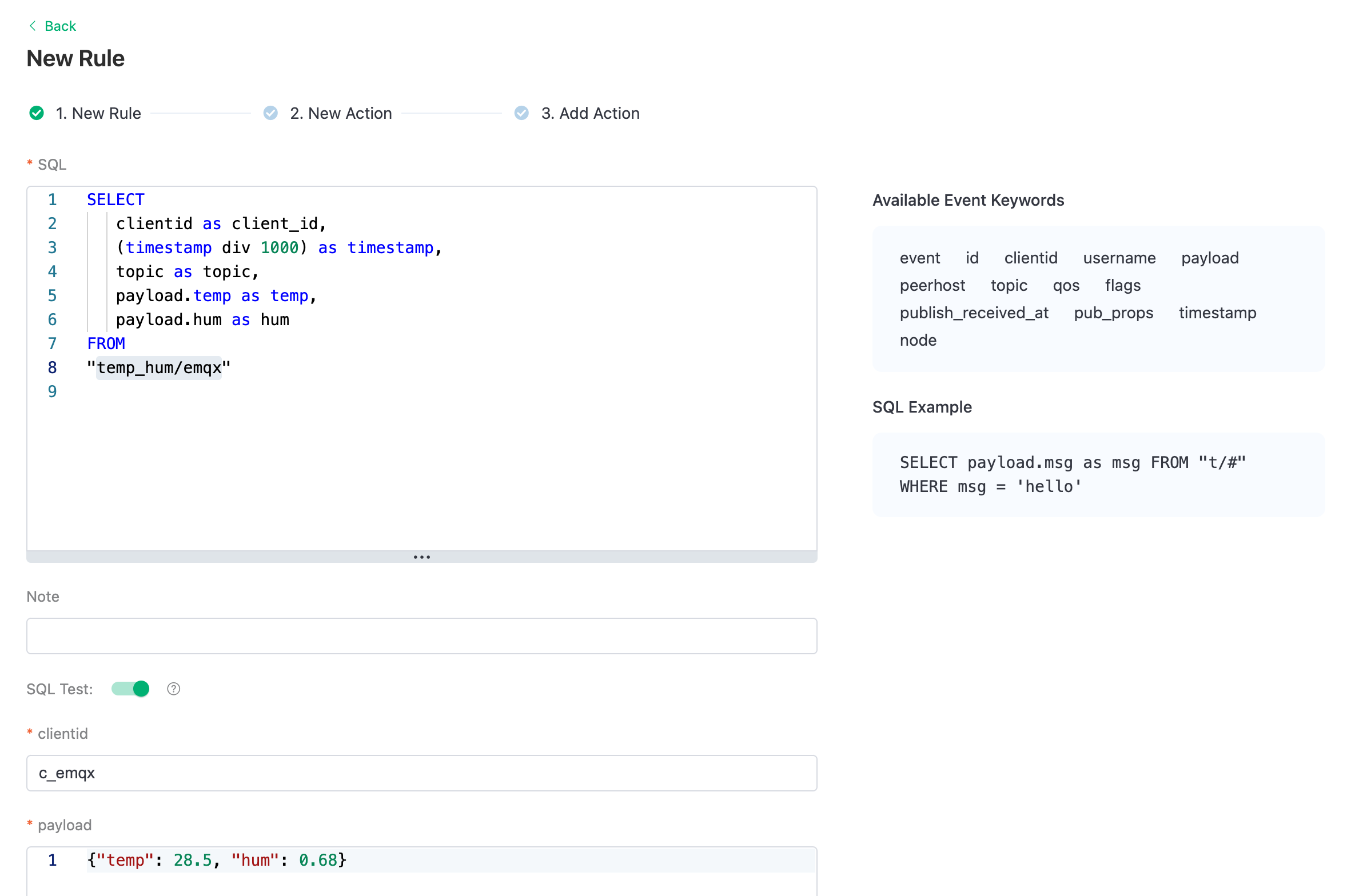 EMQX Cloud Data Integration Rule Creation Step 1